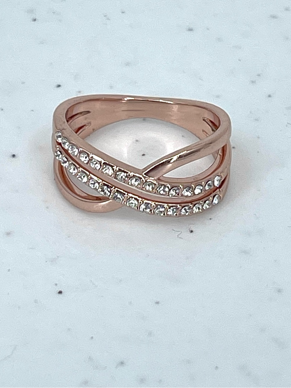 Fashion rose gold tone diamond stone cross over stack ring